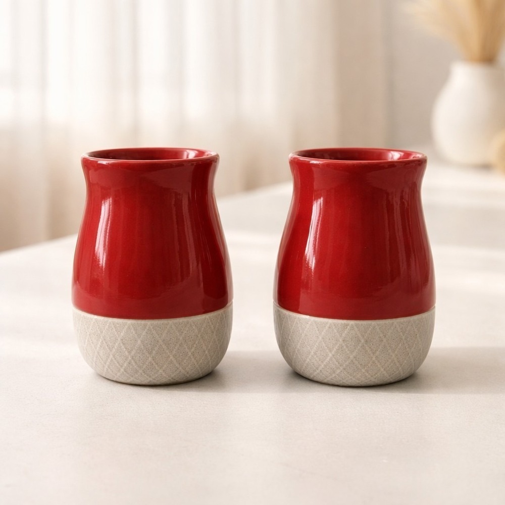 Unmarked/Unbranded Set Of Ceramic Red Tan Basket Weave Kitchen Canister/Vases‎